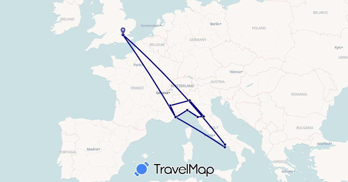TravelMap itinerary: driving in France, United Kingdom, Italy, Monaco (Europe)